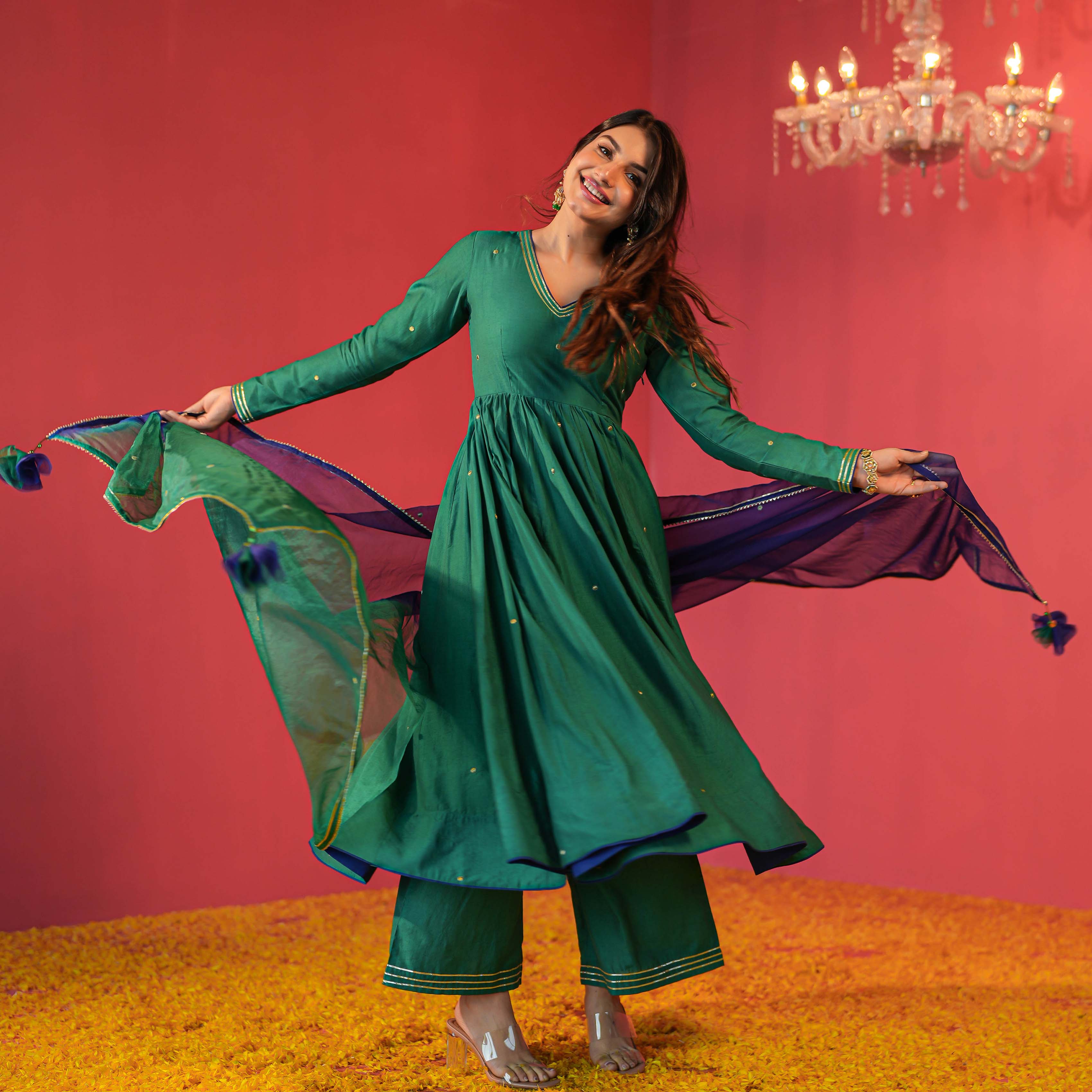 Green Designer Chanderi Anarkali Suit Set With Dupatta For Women Online
